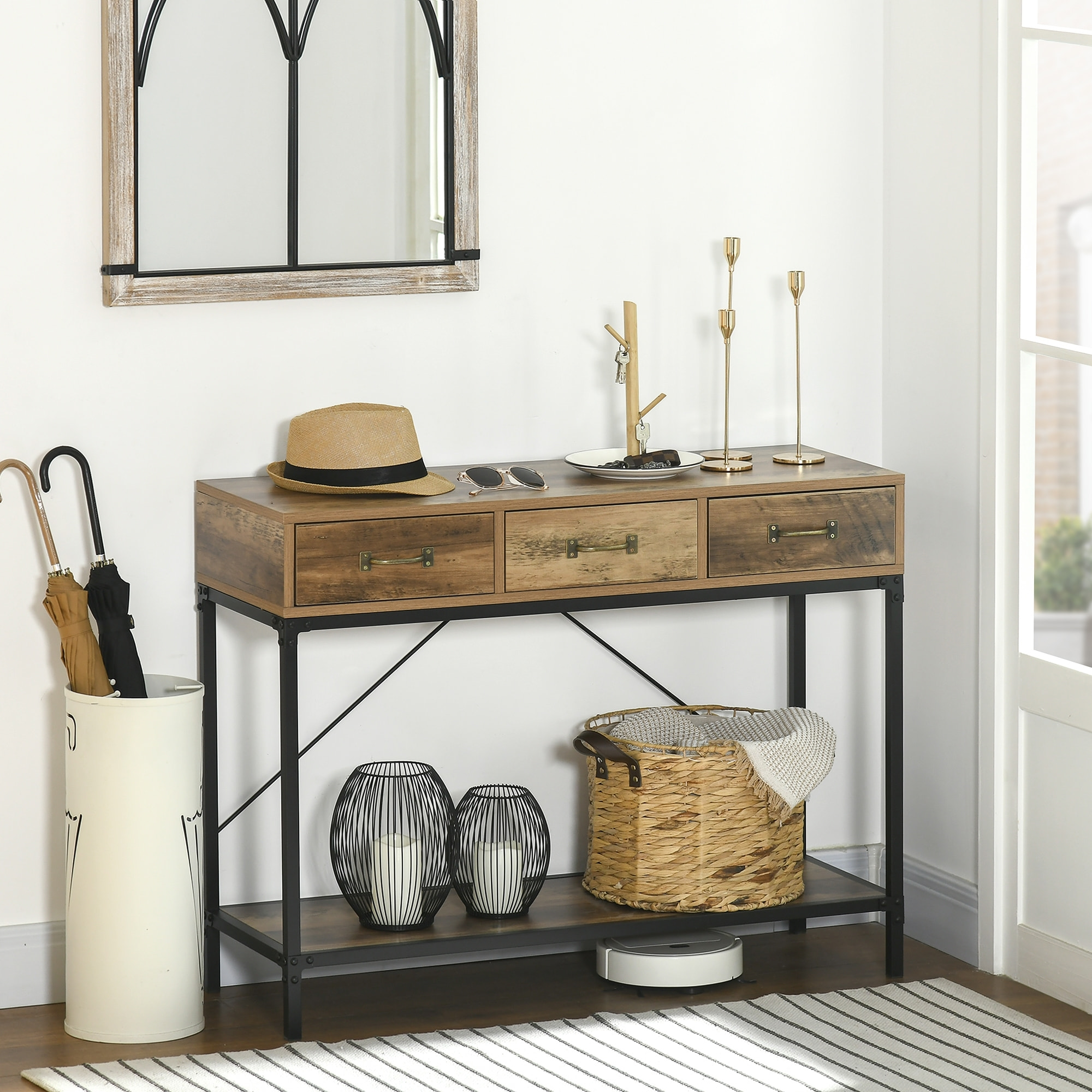Console table d'appoint design industriel 3 tiroirs étagère acier noir panneaux particules aspect bois vieilli