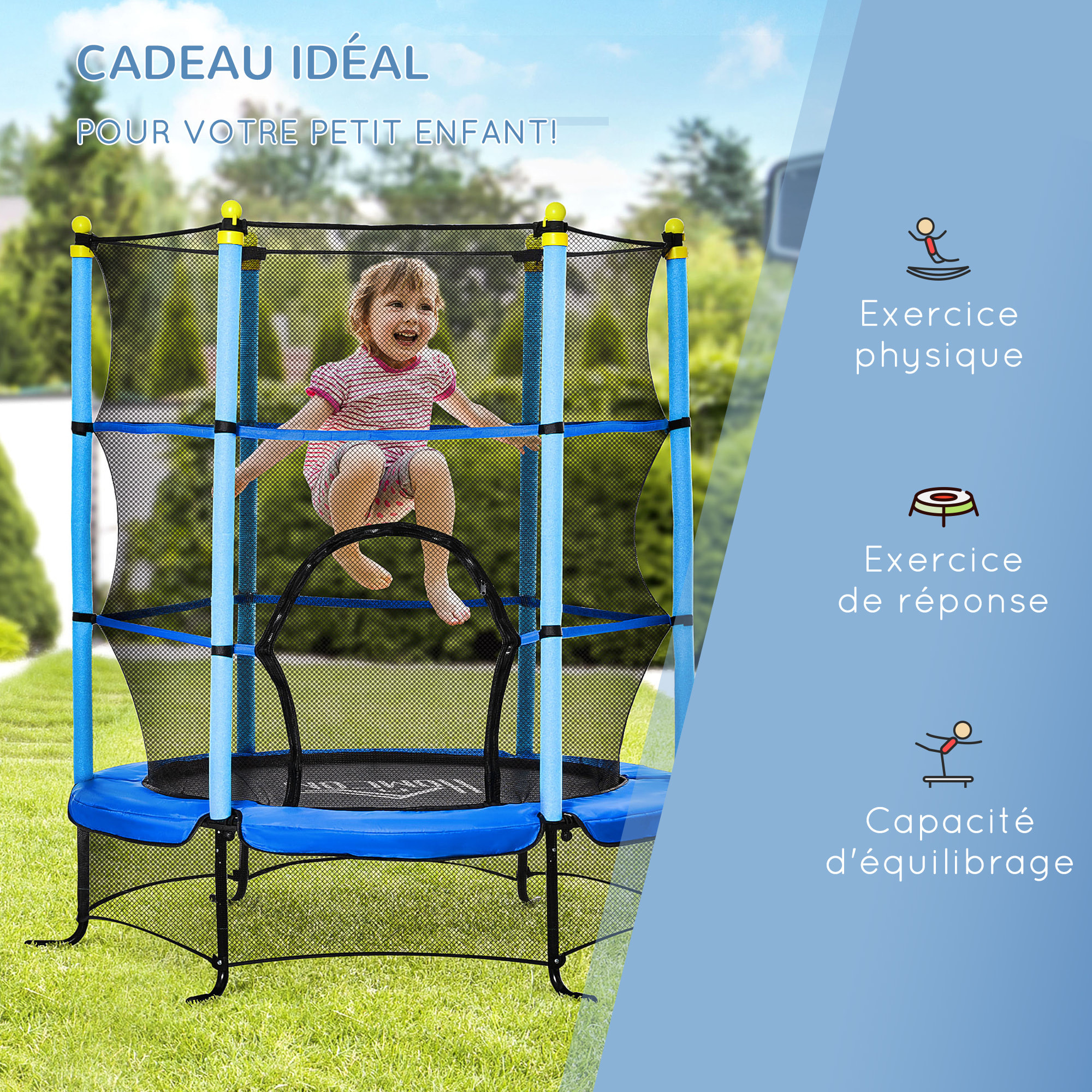 Trampoline enfant Ø 1,63 × 1,63H m filet de sécurité porte zipée couvre-ressorts 6 poteaux rembourrés inclus bleu