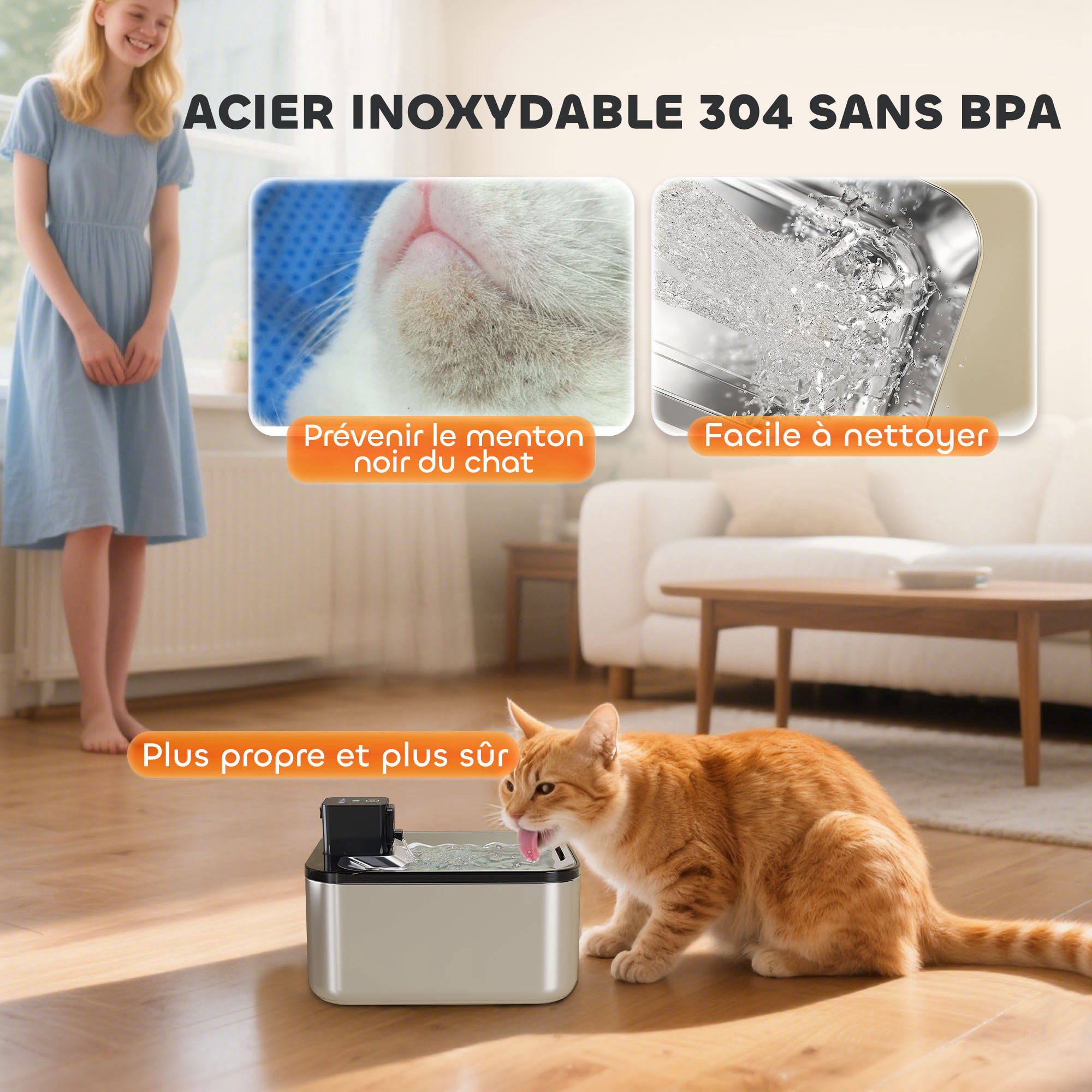 Fontaine à eau pour chat 5L filtration 3 étapes charge USB câble + nombreux accessoires inclus acier inox