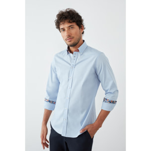 Camicia Uomo 1 Bottoni Button Down Slim Popeline Stretch Unito Celeste