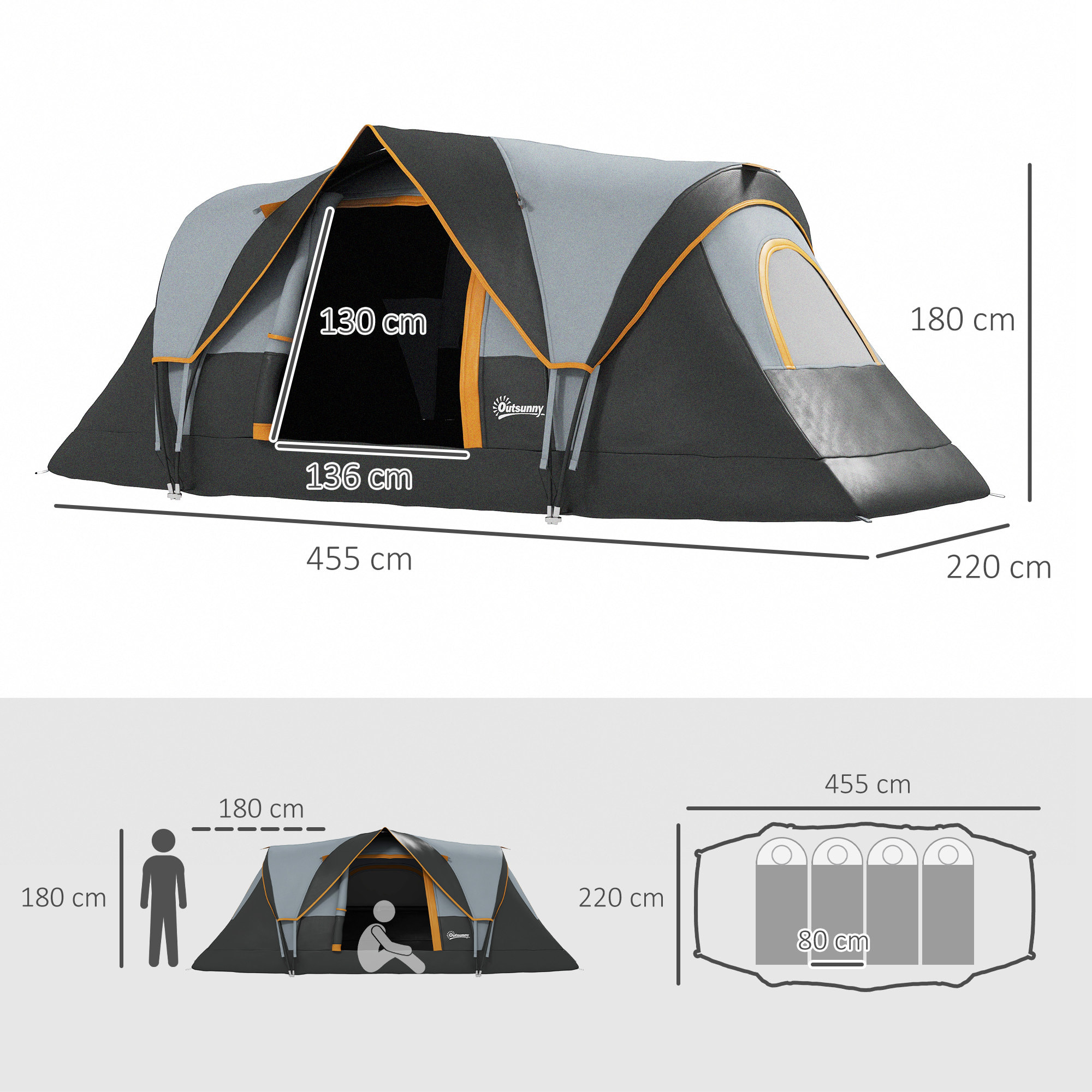 Tienda de Campaña Familiar para 5 Personas Tienda de Acampada de Túnel Impermeable 3000mm+ Tienda de Camping con Bolsa de Transporte y Gancho para Pescar Senderismo 455x220x180 cm Gris