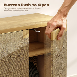 Aparador Bohemio de 2 Puertas con Cuerda Tejida a Mano, Aparador de Salón con Estante Ajustable, Apertura por Presión, Patas de Madera, Roble, 60x40x78 cm