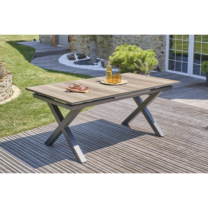 FLORIDE - Table de jardin en aluminium anthracite et plateau HPL imitation bois