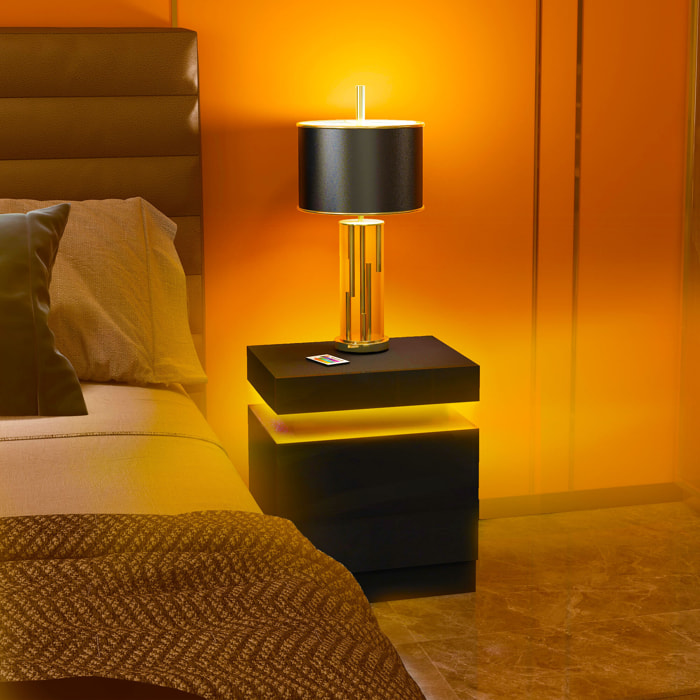 Chevet table de nuit design LED réglable 2 tiroirs façade laquée télécommande noir