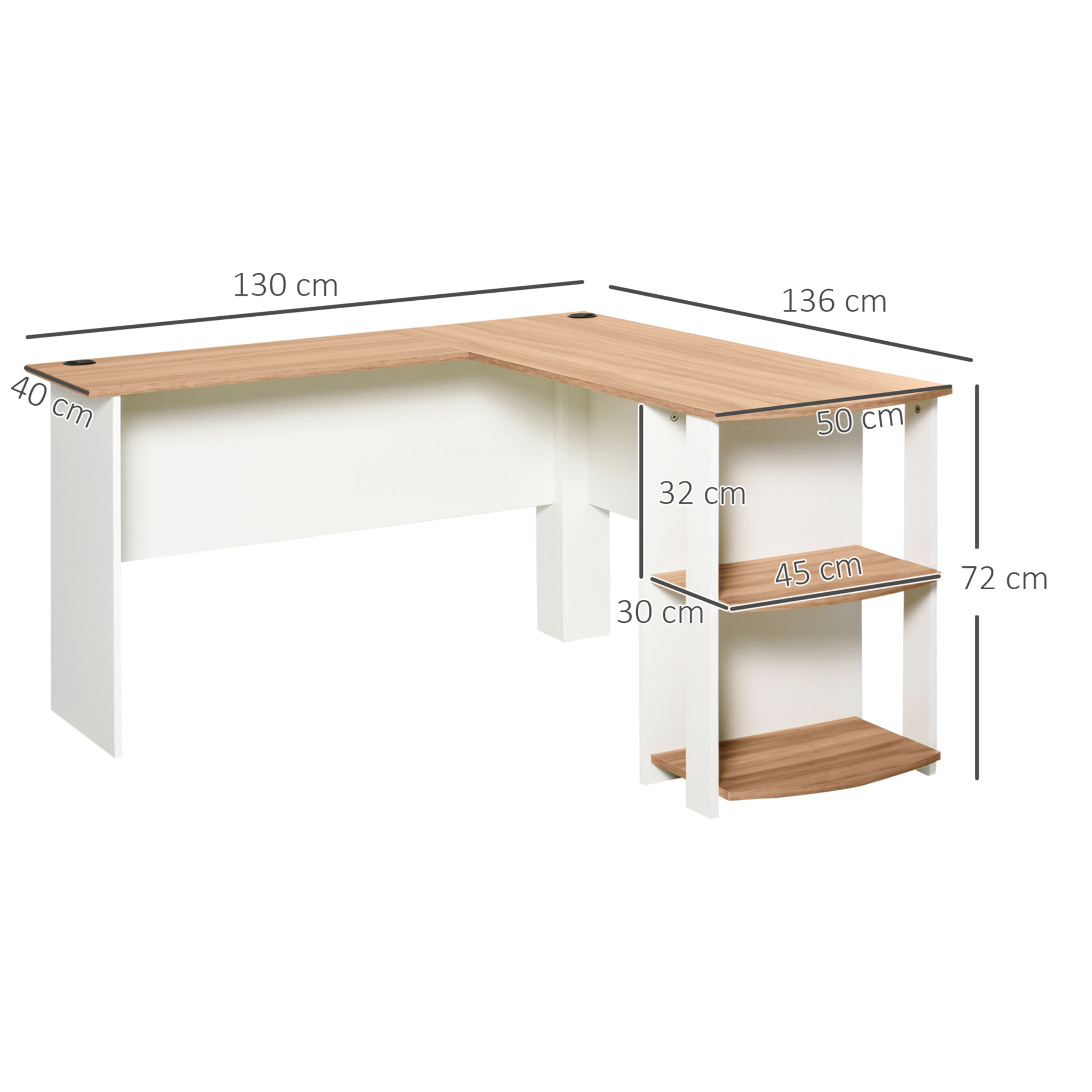 Mesa de PC Esquinera Forma L de Madera 136x130x72cm Blanco