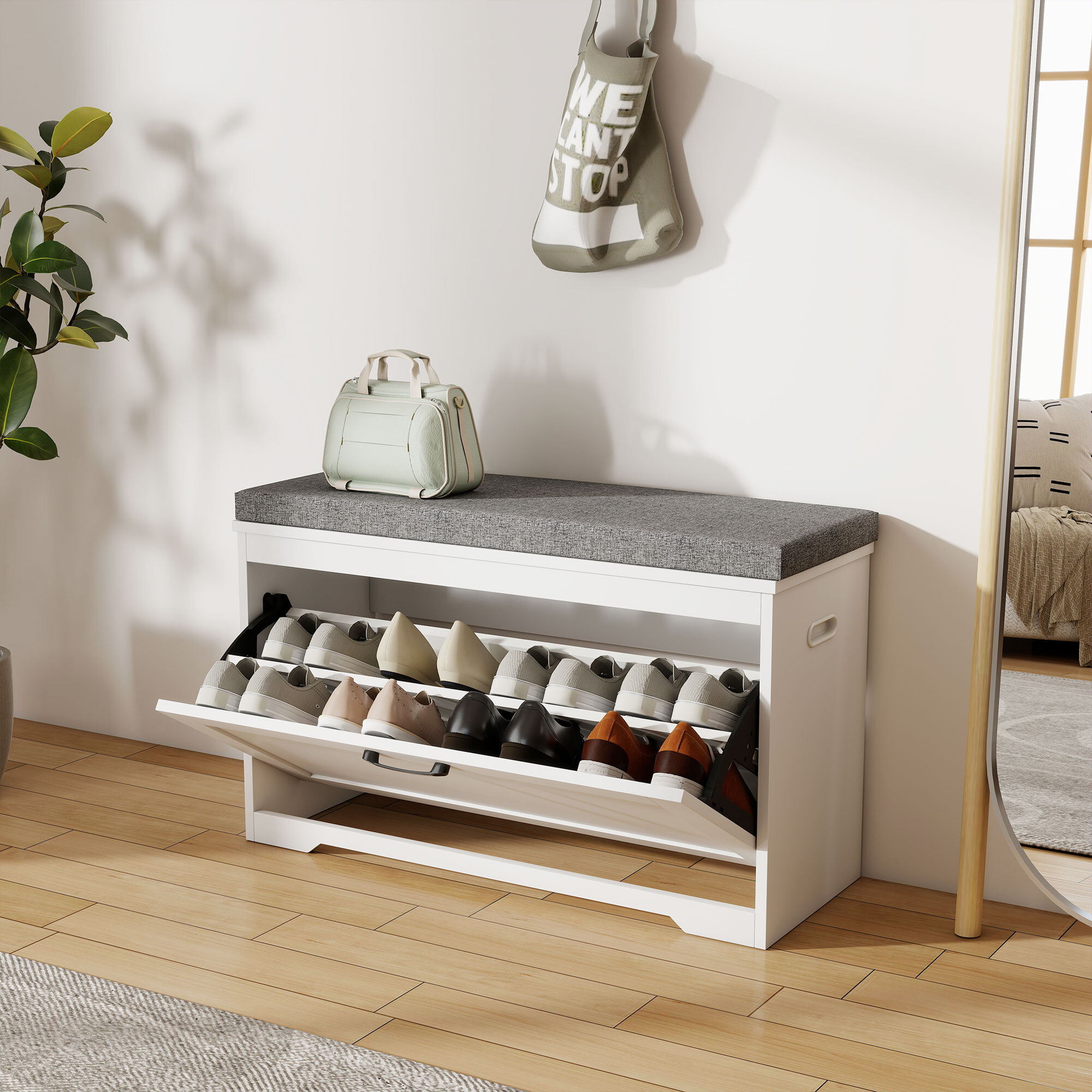 Banco Zapatero, Banco Recibidor Moderno, con Asiento Acolchado, Estante Ajustable, para 8 Pares de Zapatos, para Entrada, Pasillo, Dormitorio, 80x30x50 cm, Blanco