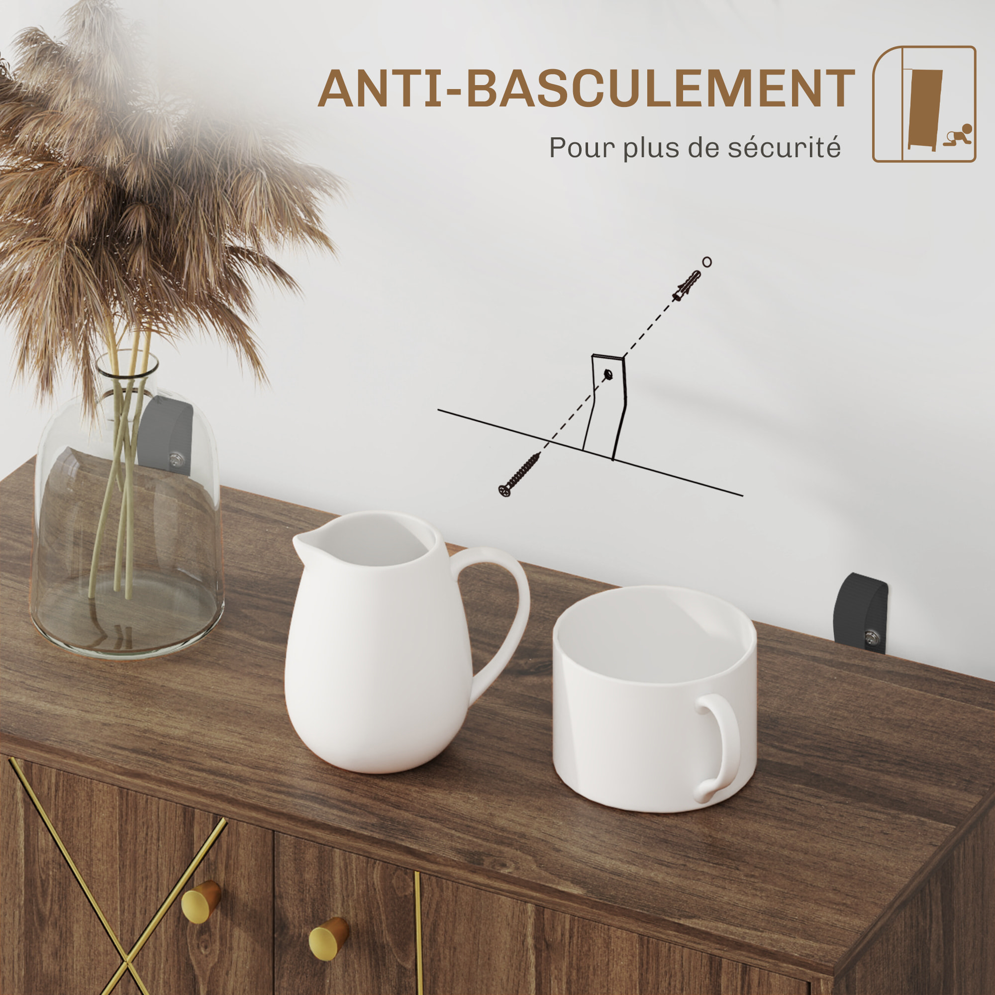 Buffet design - 2 portes, étagère - dim. 80 x 37 x 77 cm - doré effet bois