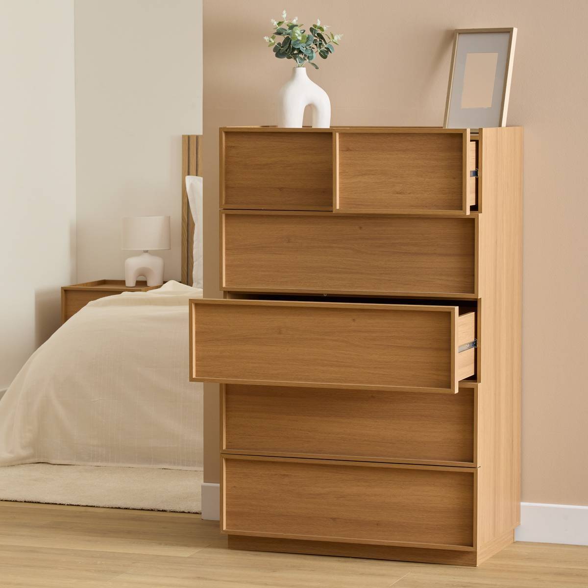 Commode haute Framy 6 tiroirs bois foncé