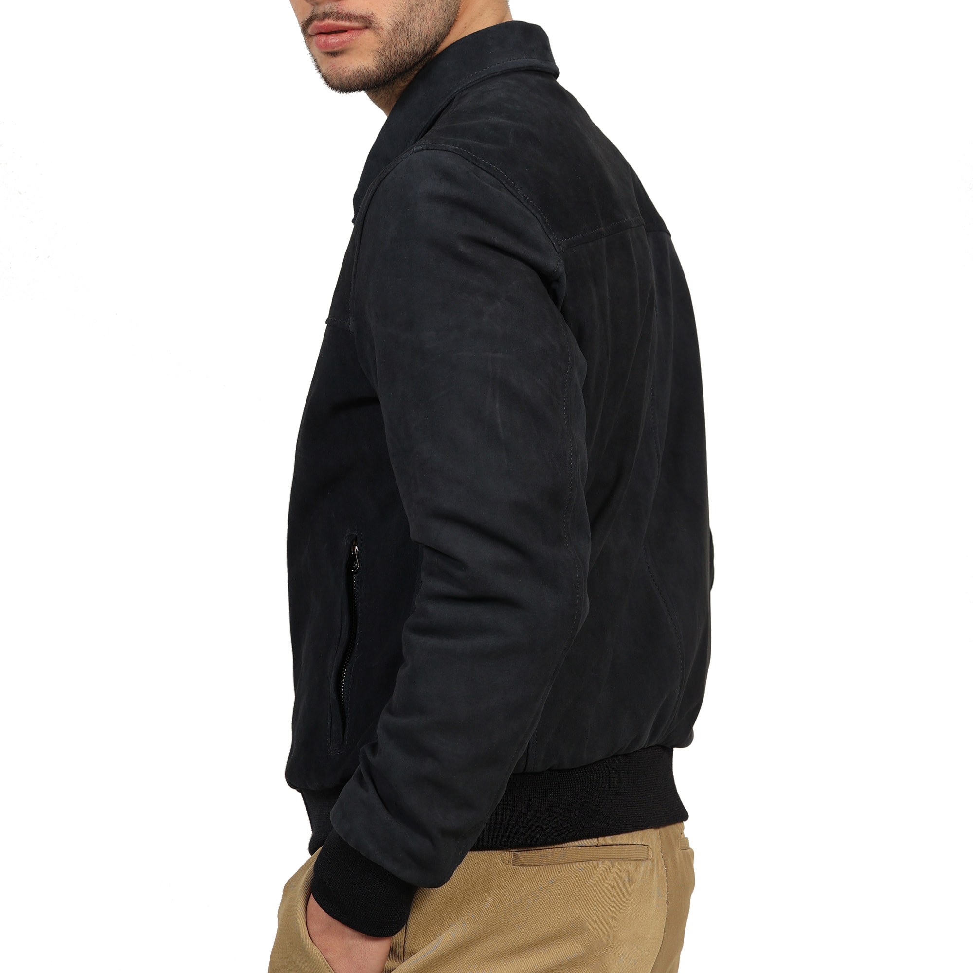 Giubbino in vera pelle di vitello scamosciata Blu-Slim Fit