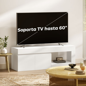 Mueble de TV Moderno, Mesa de TV para Salón con 2 Puertas, Estante Abierto, para Televisión 60 Pulgadas, 140x40x48 cm, Blanco