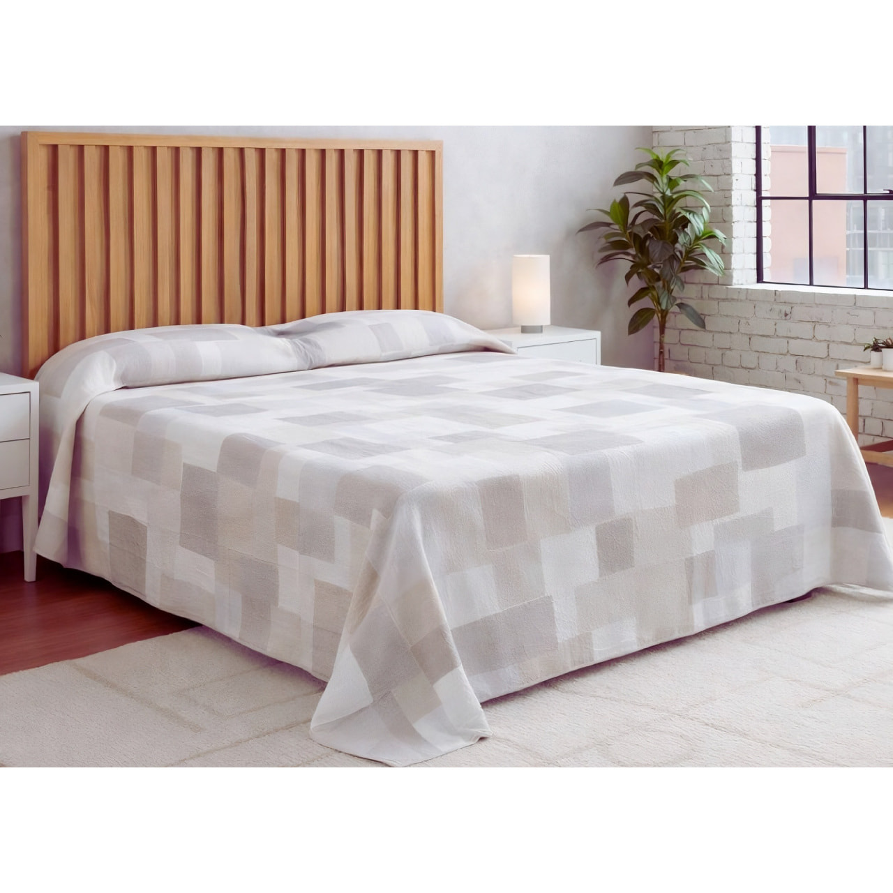 Copriletto Piquet 100% Cotone Made in Italy Fantasia Geometrica Disegno Brick Beige