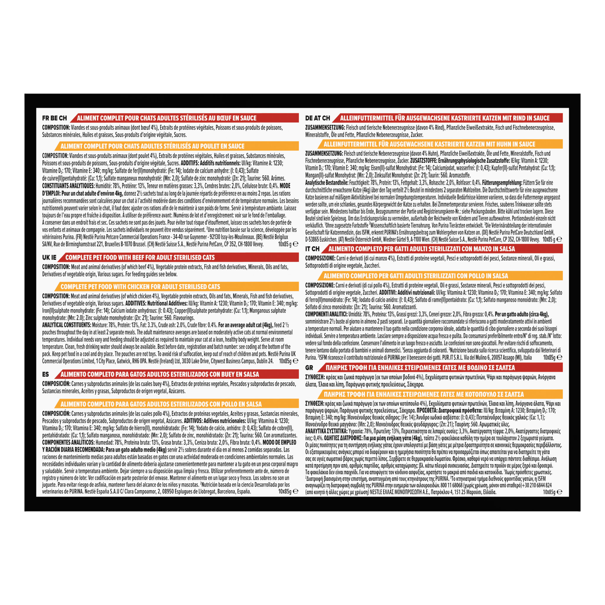 Lot Pro Plan Chat Stérilisé Adulte RENAL PLUS Saumon 10kg et Boeuf Poulet 10x85g