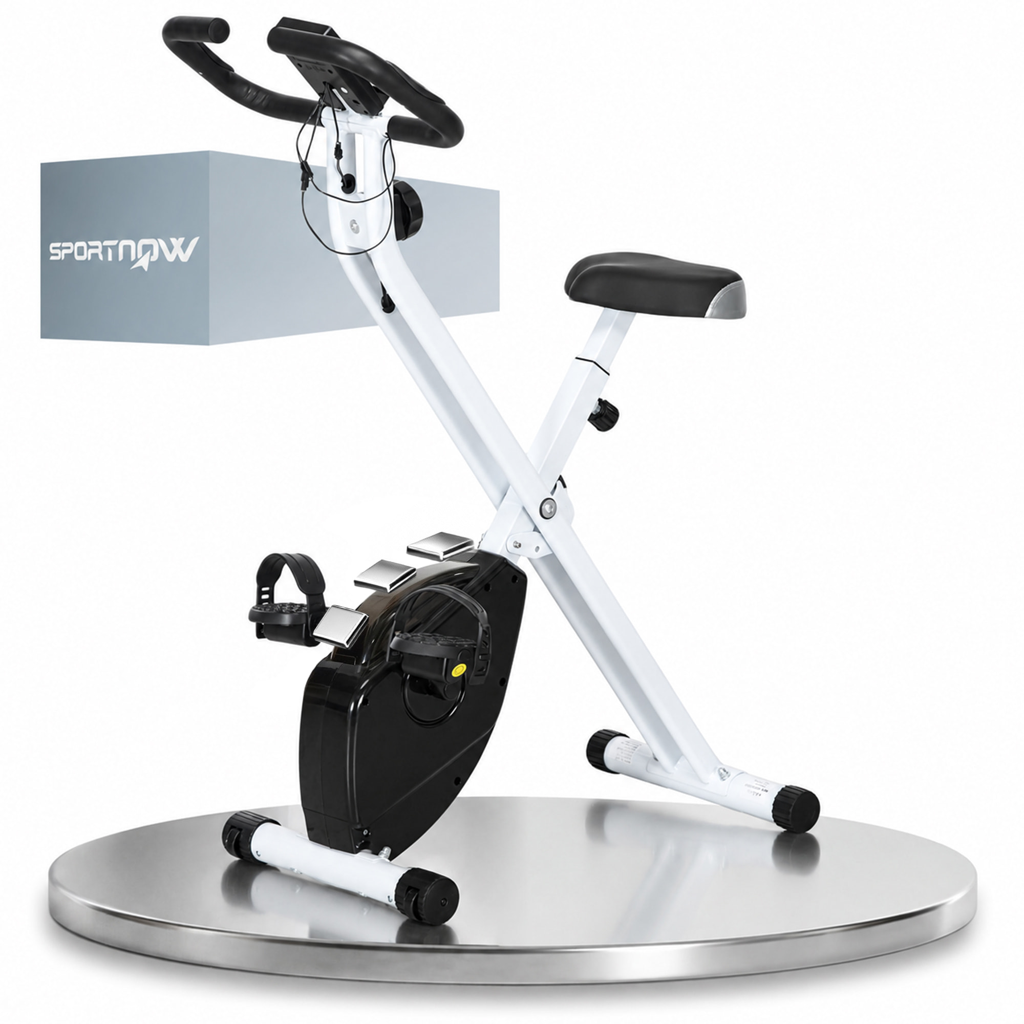 SPORTNOW Bicicleta Estática Plegable, Bicicleta Estática Casa Silenciosa con 8 Niveles Resistencia Magnética, Monitor LCD, Asiento Ajustable, Volante, Sensor Ritmo, Soporte Teléfono y Ruedas, Blanco
