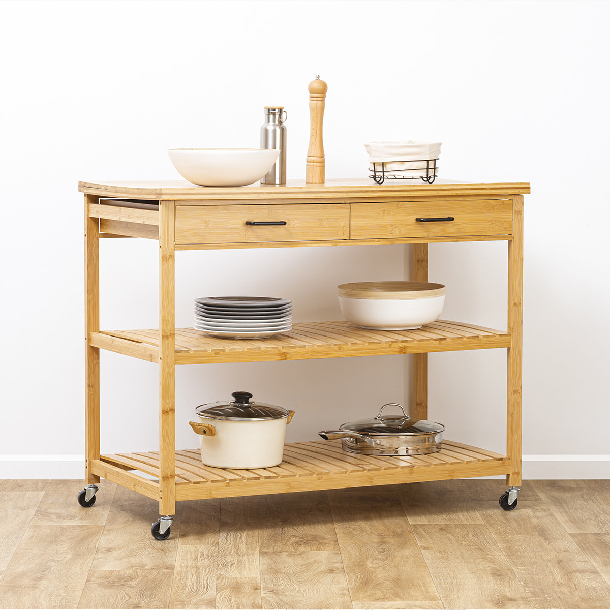 Ilot 2 tiroirs/2 niveaux Bambou Linha