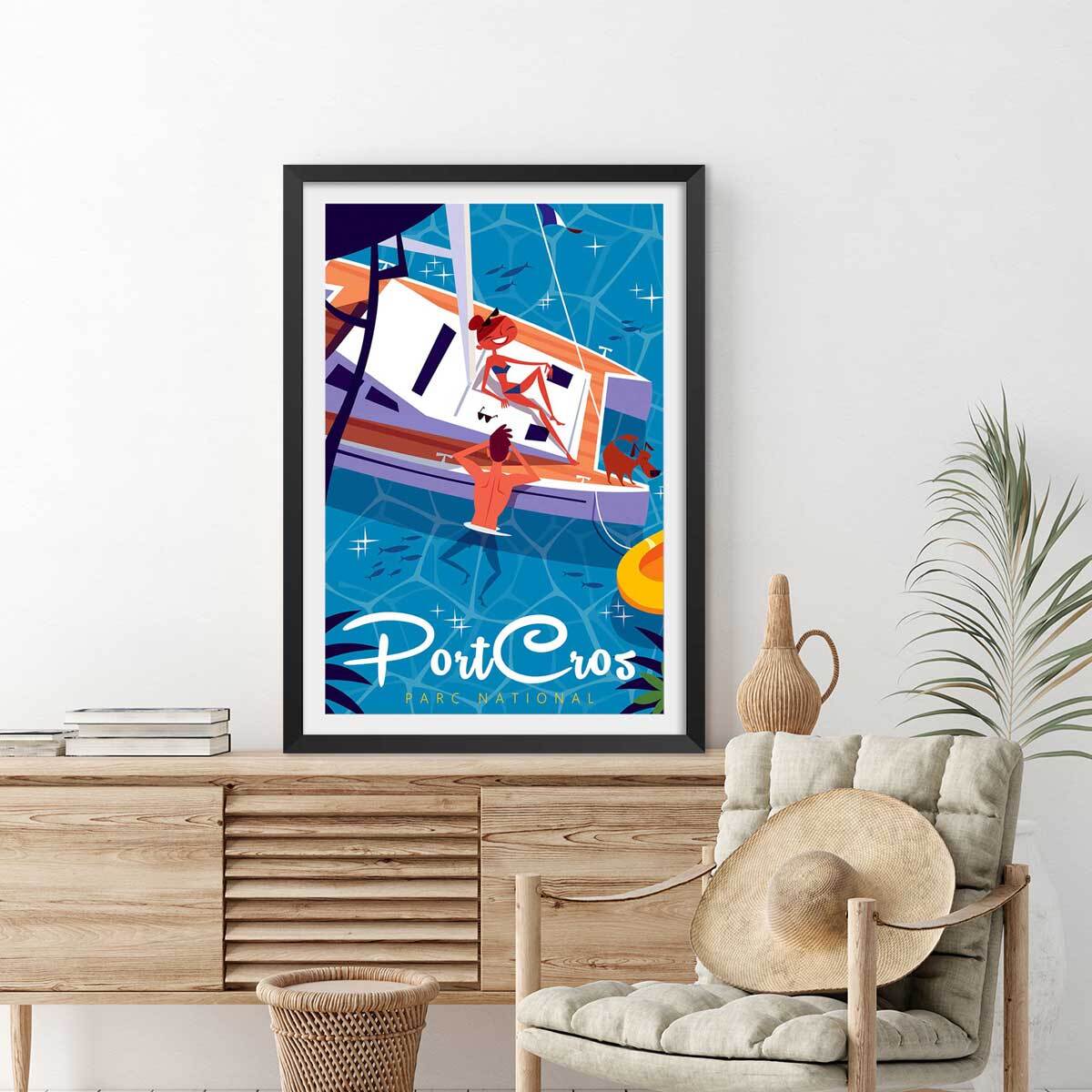 Poster de baignade à port cros Affiche + cadre en bois - Noir