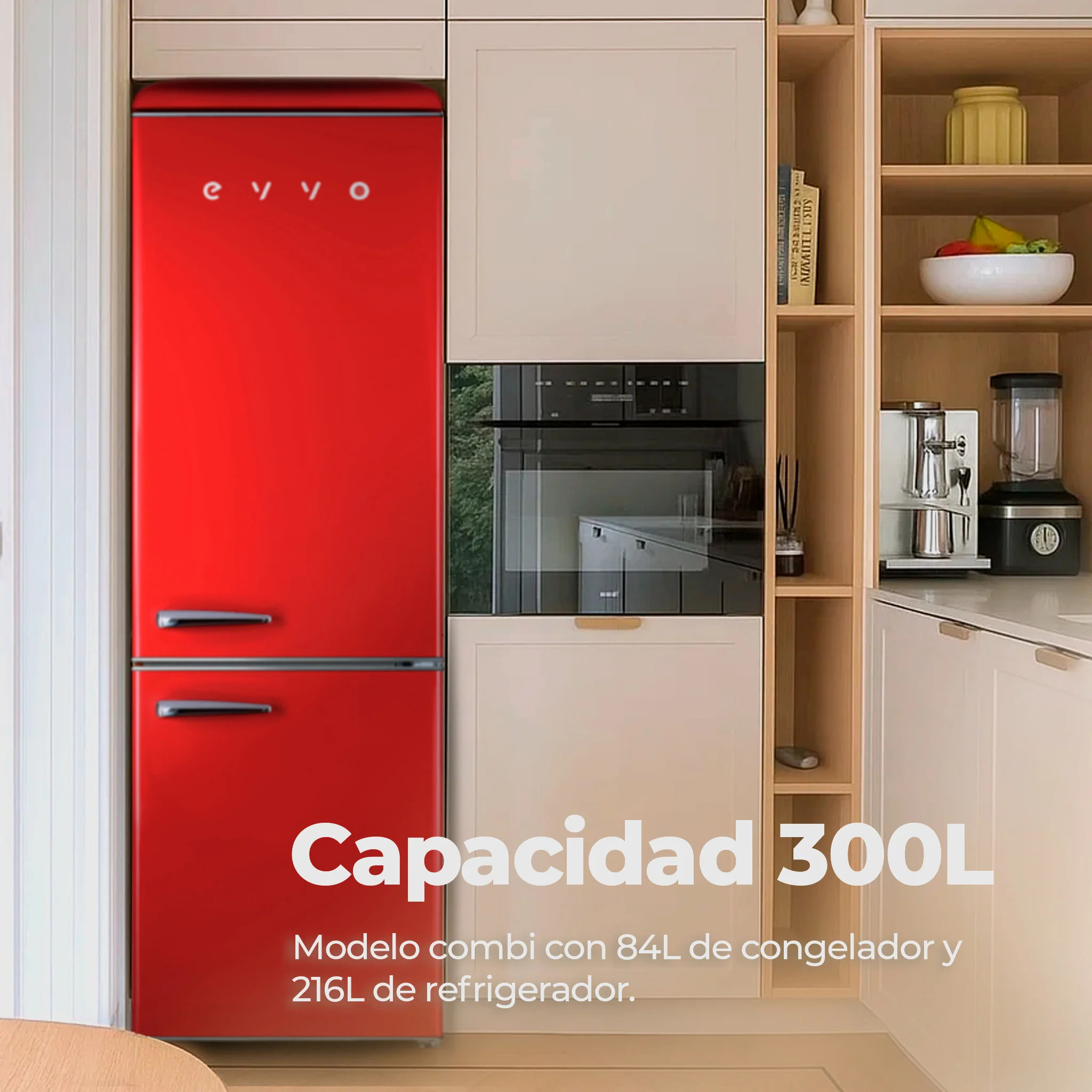 EVVO Frigorífico combi F55 Retro Rojo, refrigerador 216 litros, congelador 84 litros, diseño vintage, cajón Crisper Zone, Turbo fan, libre de gas CFC, silencioso