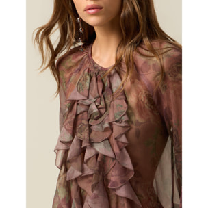 Oltre - Blusa fantasia con volant - Marrone