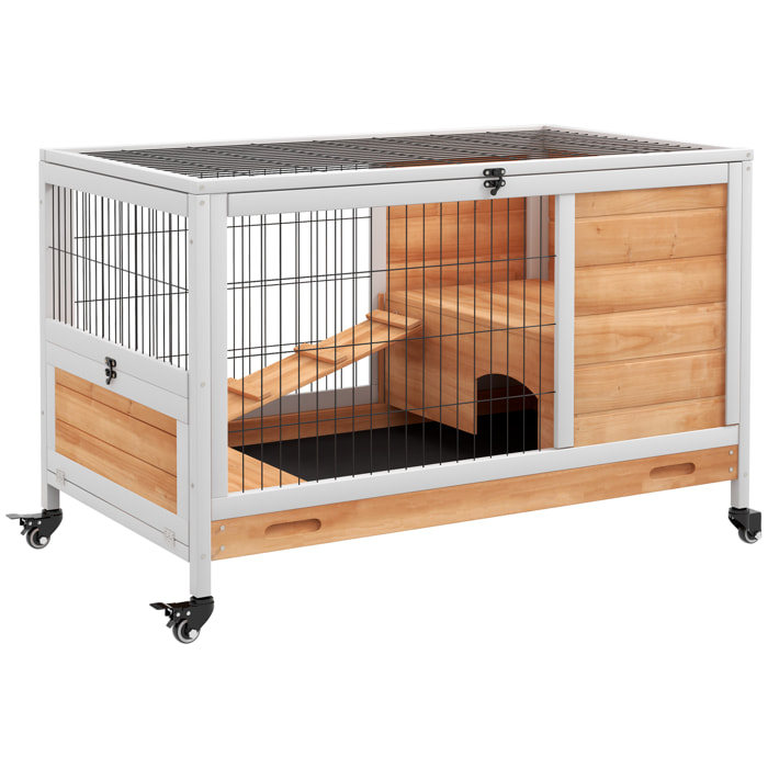 Jaula para Conejos de Madera Conejera para Mascotas Pequeñas Portátil Interior con Techo Abrible Rampa Bandeja Extraíble para Conejillos de Indias 90x53x59 cm Natural y Blanco