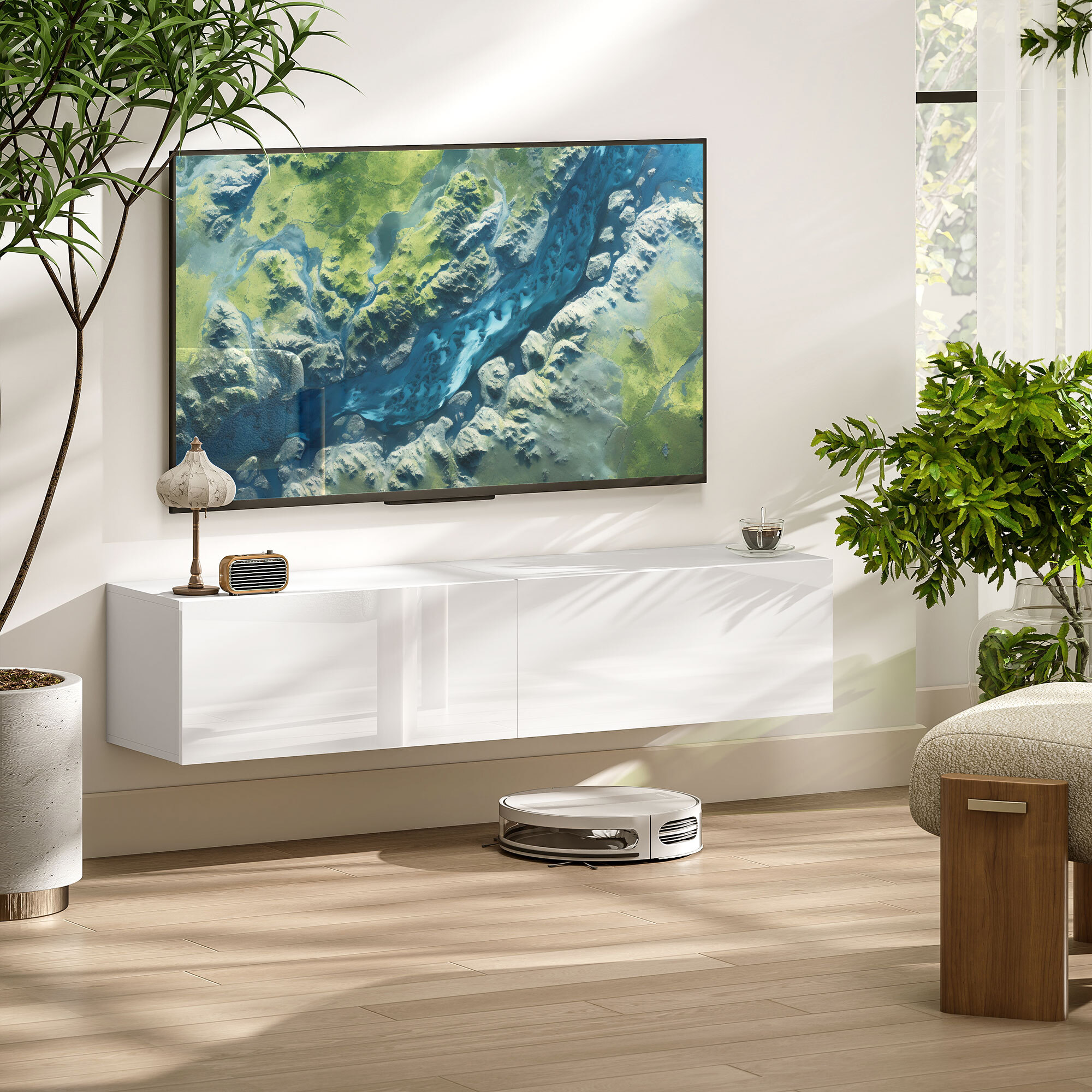 Meuble TV suspendu meuble TV flottant design façade blanc laqué 2 portes