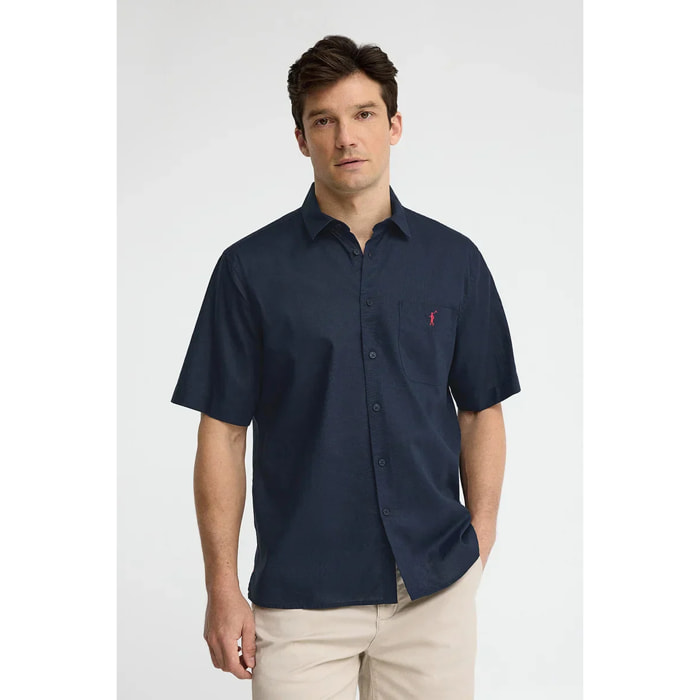 Camicia cotolino blu marino a maniche corte e regular fit con logo Rigby Go