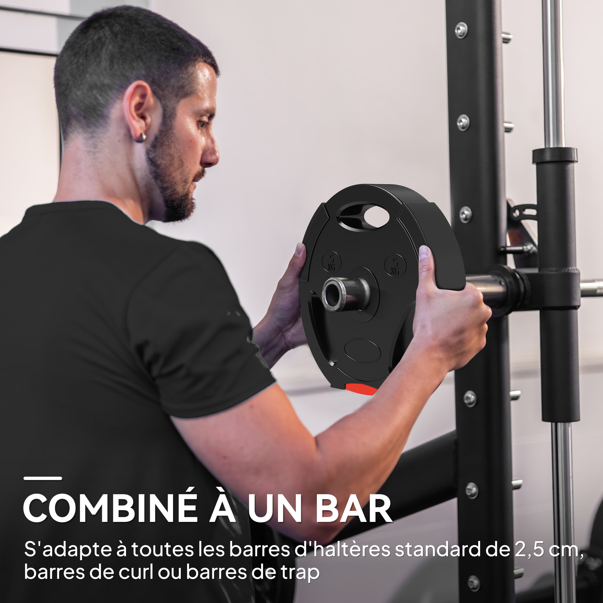 Disques de poids 2 x 5Kg + 2 x 2,5Kg - 3 poignées - trous de Ø25 mm - revêtement PP noir