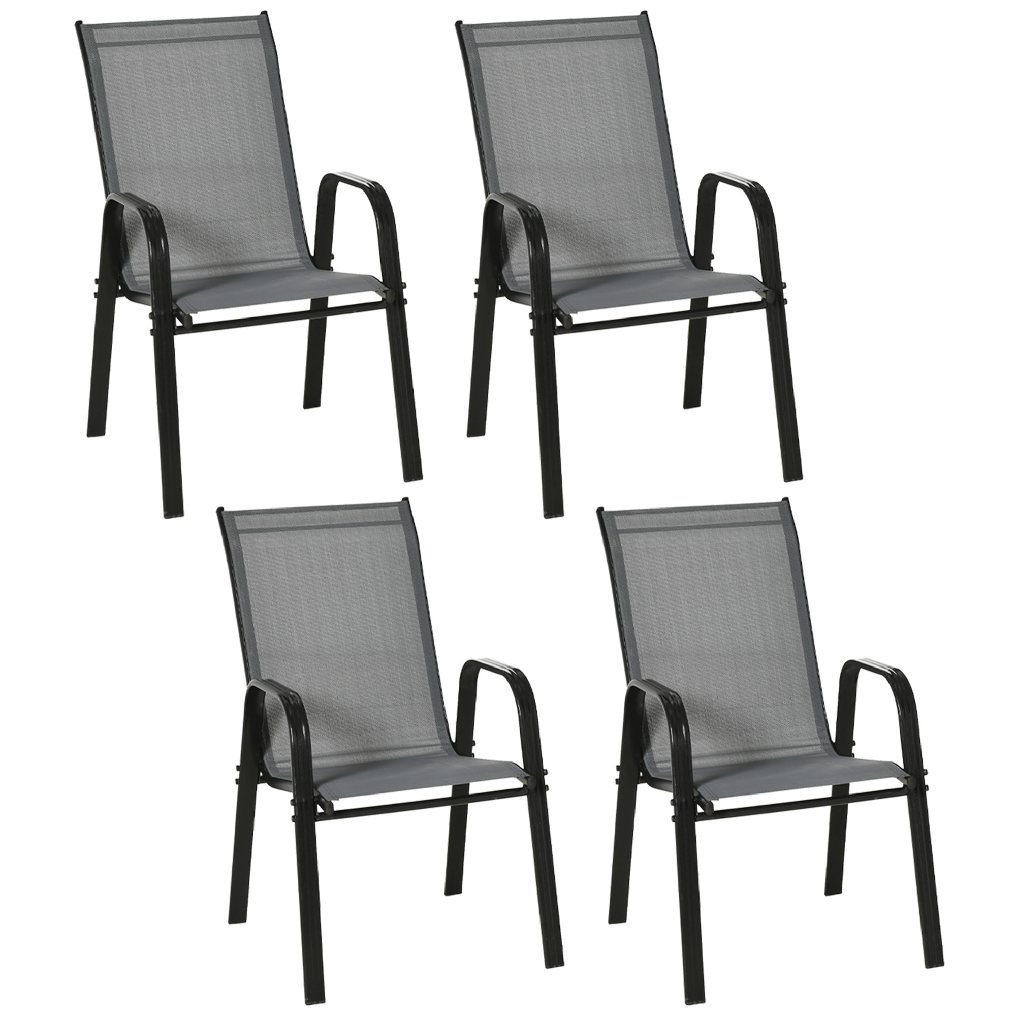 Juego de 4 Sillas de Jardín Exterior Sillas Terraza Exterior Apilables Sillón de Comedor con Tela Transpirable Marco de Metal Reposabrazos y Respaldo 54x75,5x95 cm Gris Oscuro