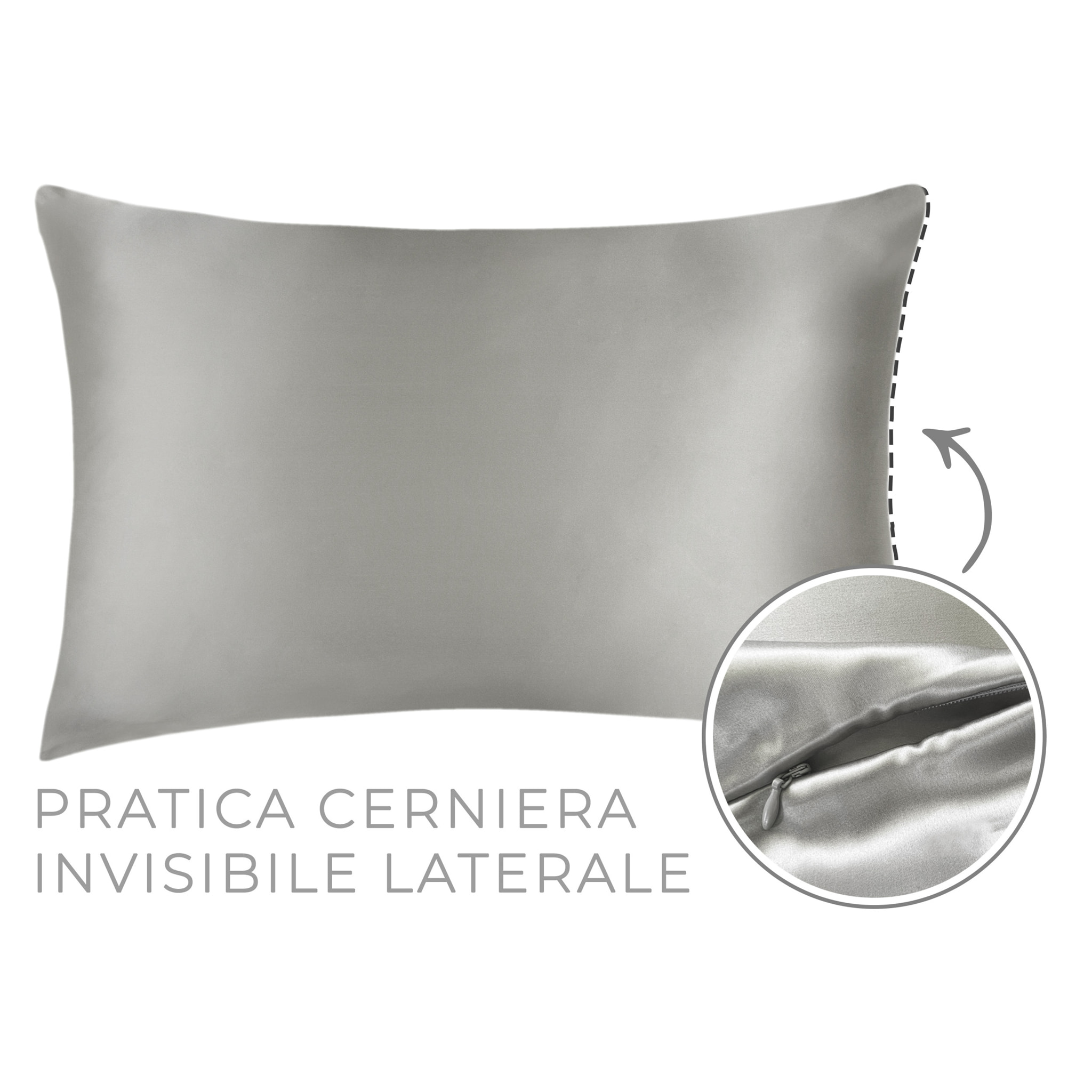 Federa Cuscino Letto Con Zip E Scrunchies Elastico Capelli 100% Seta Tinta Unita Grigio Chiaro