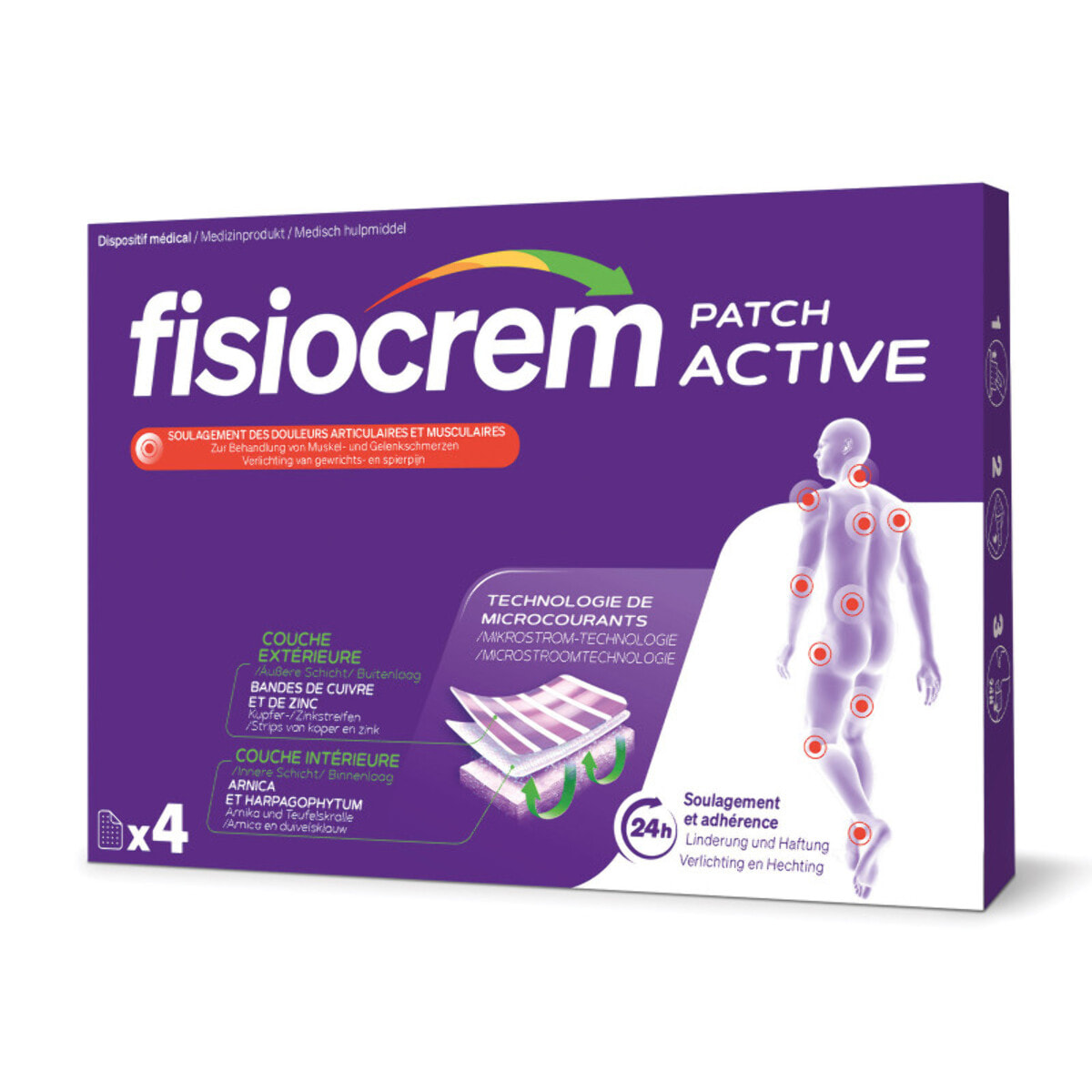 Fisiocrem Patch Active - Dispositif Médical Douleurs Musculaires & Articulaires - Technologie Brevetée - Arnica & Harpagophytum - 4 Patchs