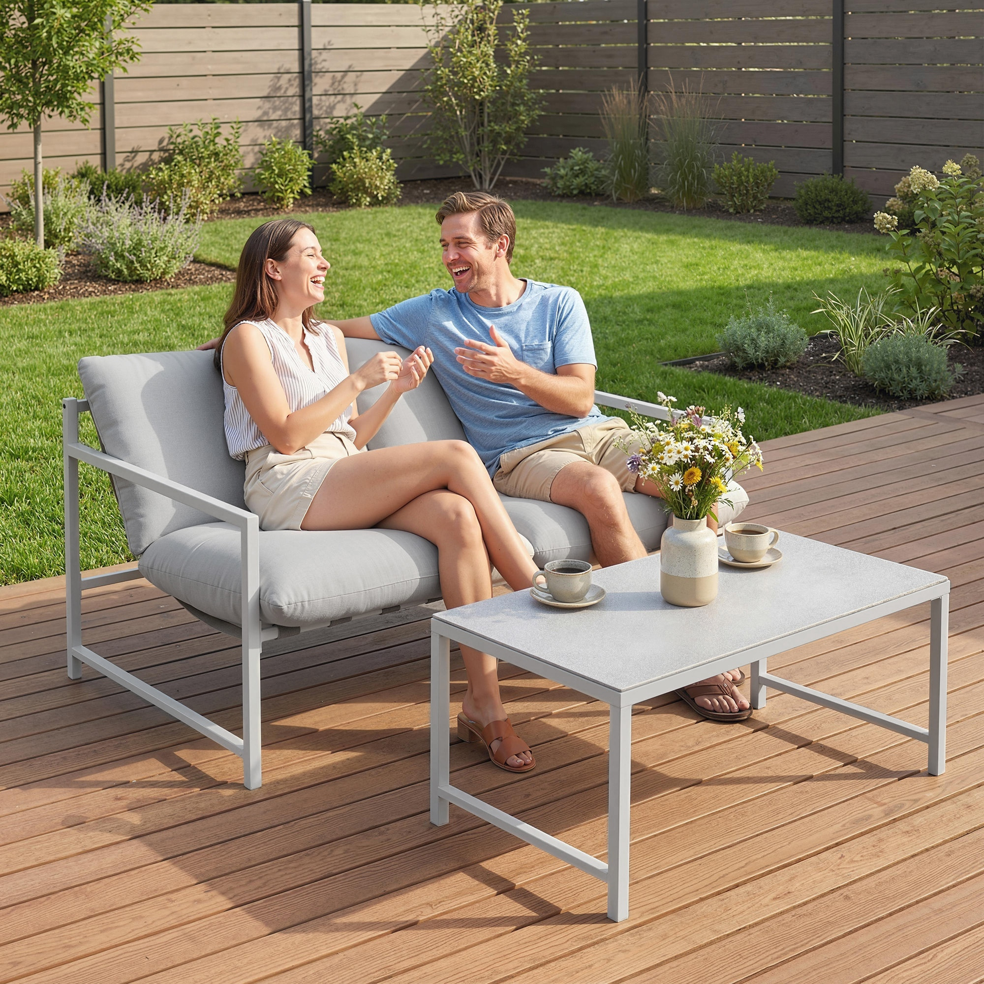 Ensemble canapé jardin épais coussins table basse design gris clair