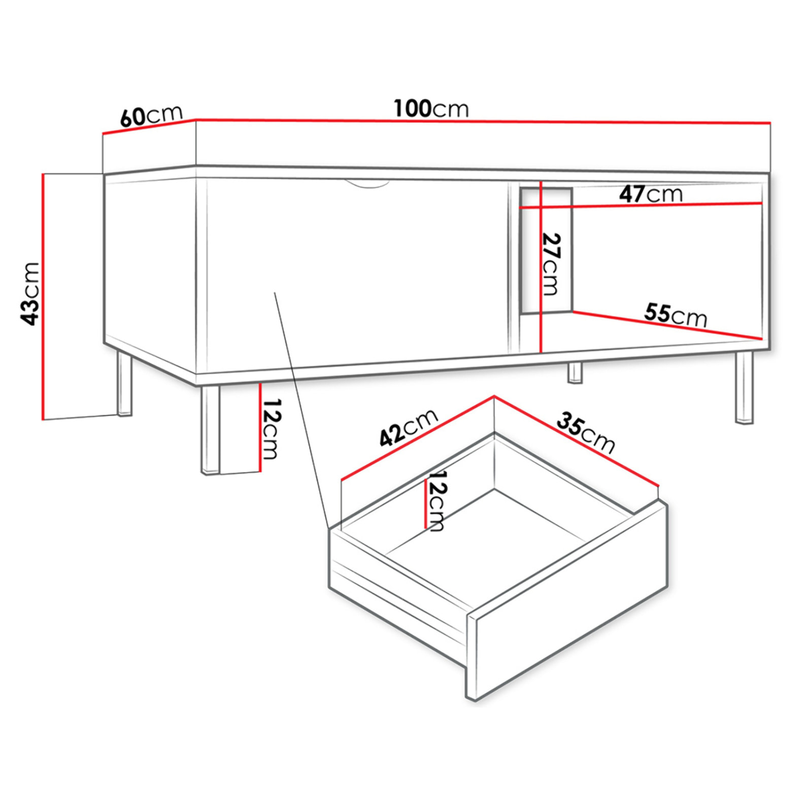 Hope - table basse 100 cm - 1 tiroir et 1 niche - Blanc / Doré