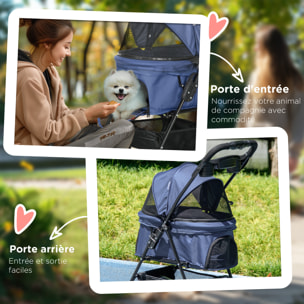 Poussette buggy pliable chien chat panier rangement porte-gobelets tissu 300D Oxford imperméable 4 roues bleu