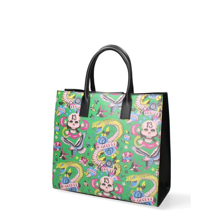 Borsa a mano da donna Made in Italy - Serpenta - Pelle e Cotone - 34.0 x 32.0 x 12.5 cm