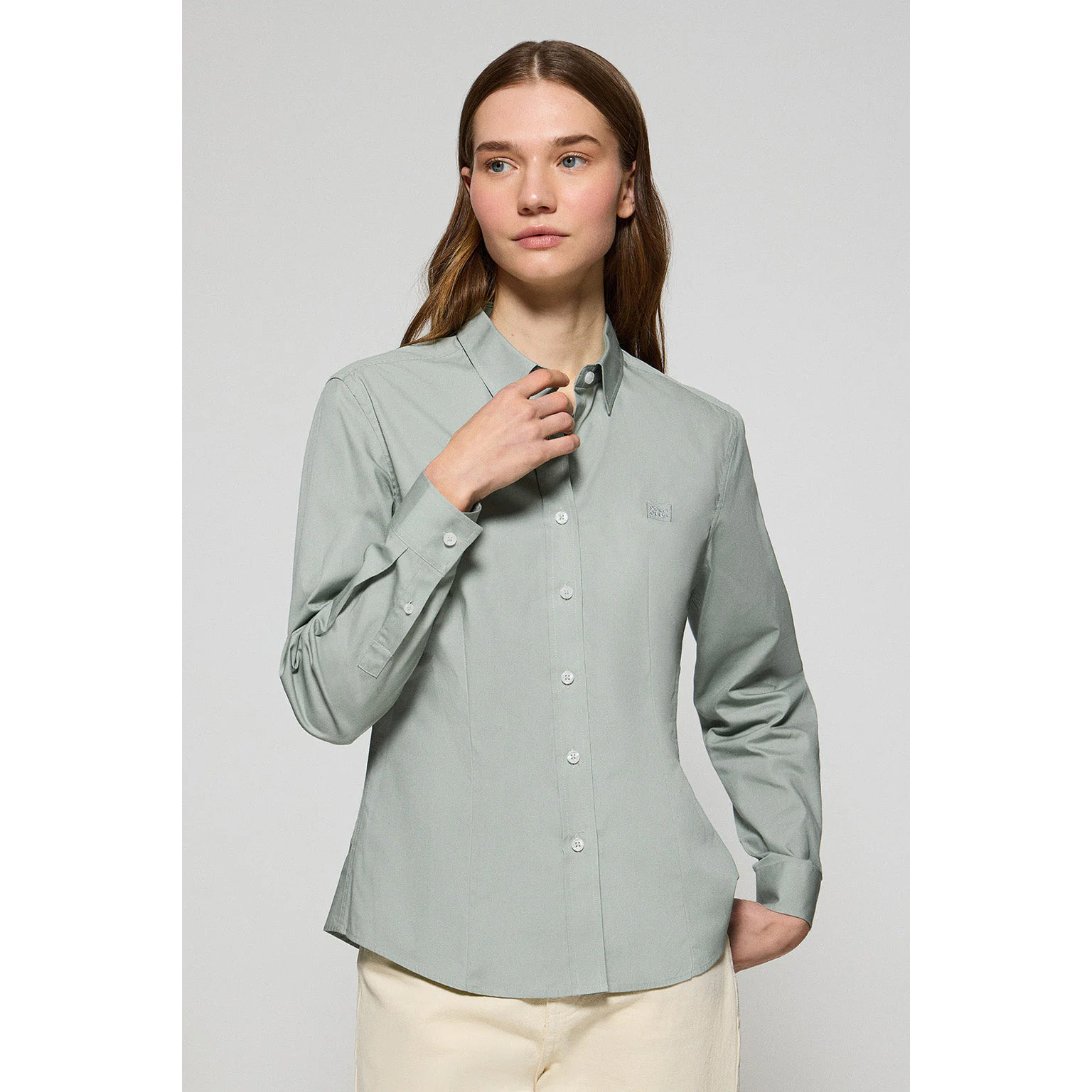 Camicia verde giada slim fit in popeline con logo