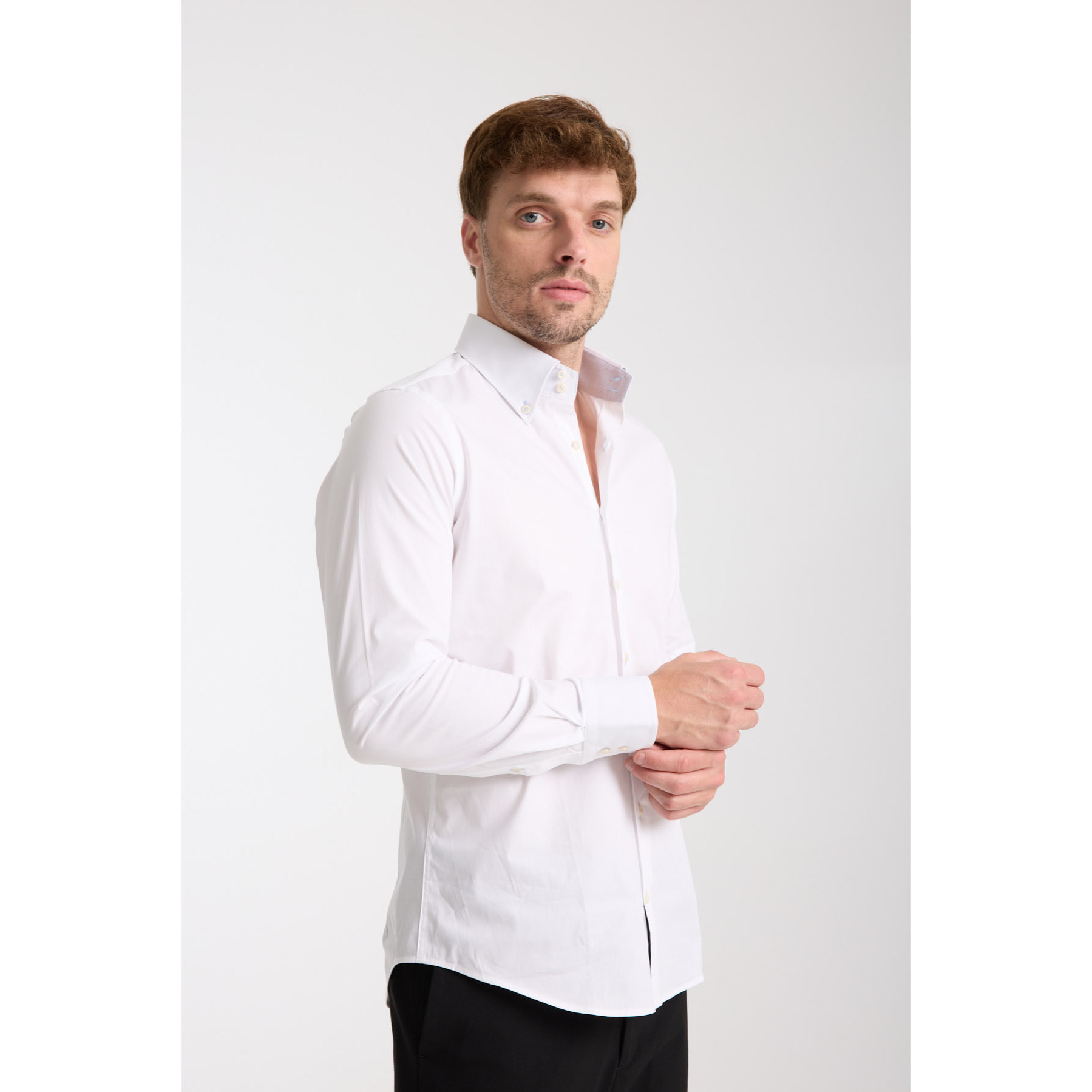 Camicia Uomo 2 Bottoni Button Down Slim Popeline Stretch Unito Bianco