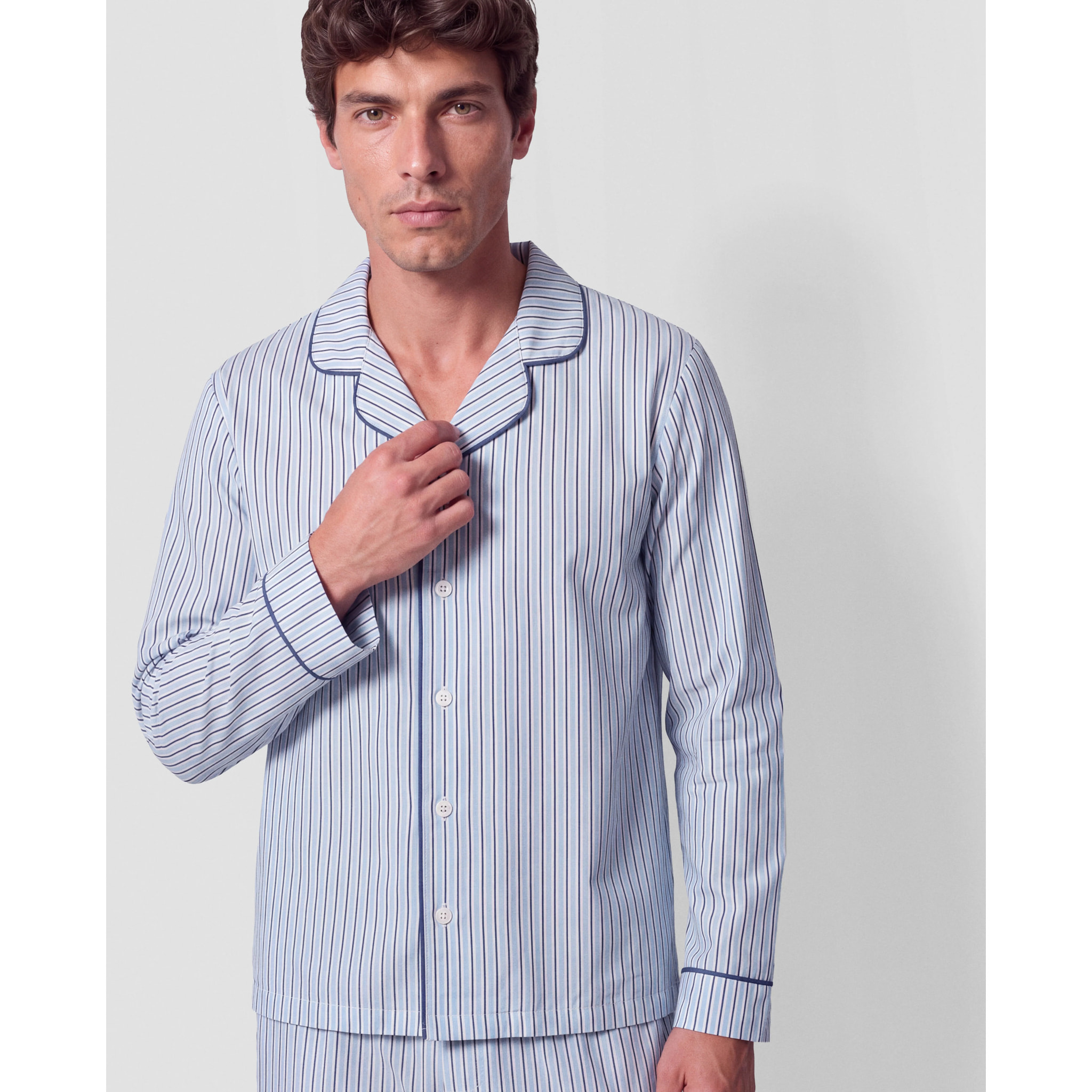 Pijama largo camisero algodón raya hermes azul marino