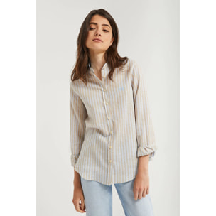 Camicia a righe con collo alla coreana e logo ricamato sul petto