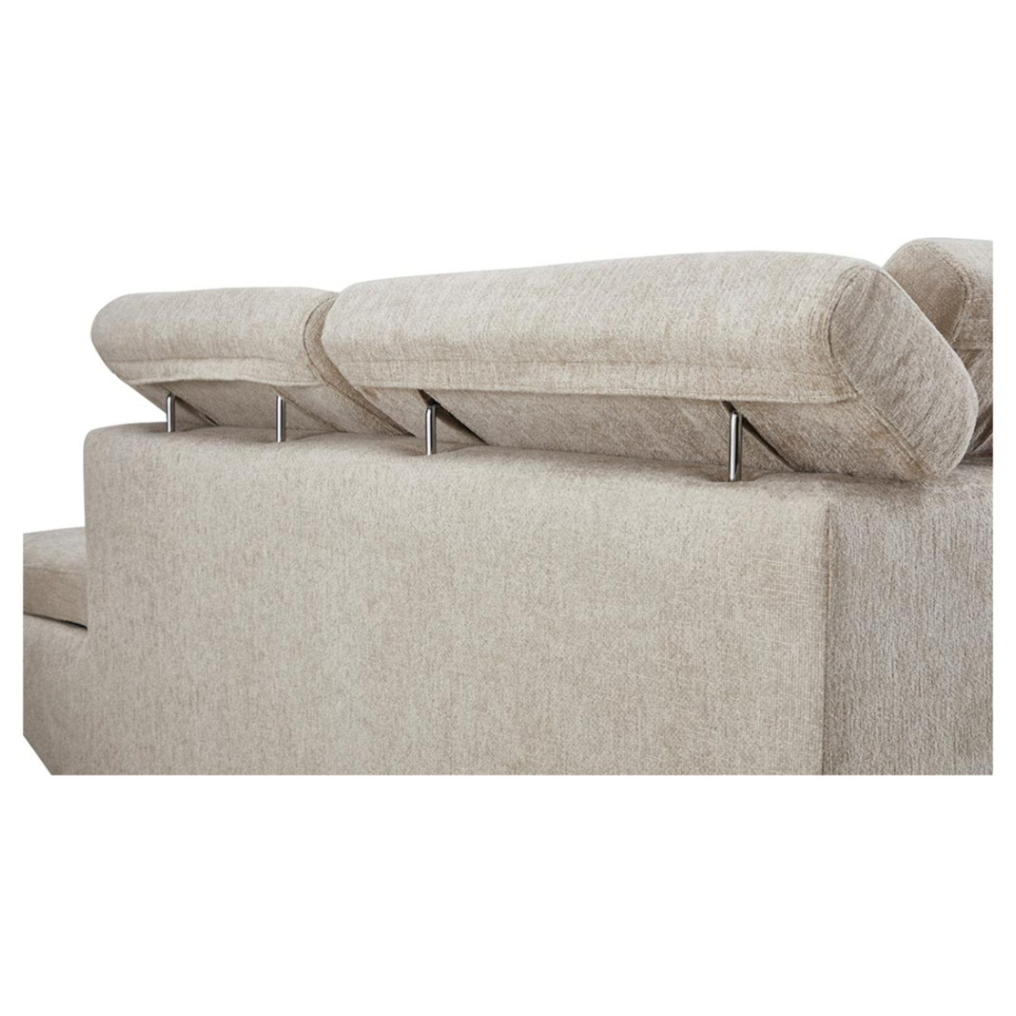 Margaux - Canapé d'angle droit 5 places convertible avec coffre et têtières réglables en velours texturé - Beige