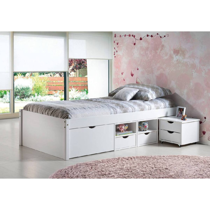 Letto con vani contenitore e comodino con ruote incluse in pino massello verniciato bianco all'acqua, 96 x 209 x 47.5, Bianco