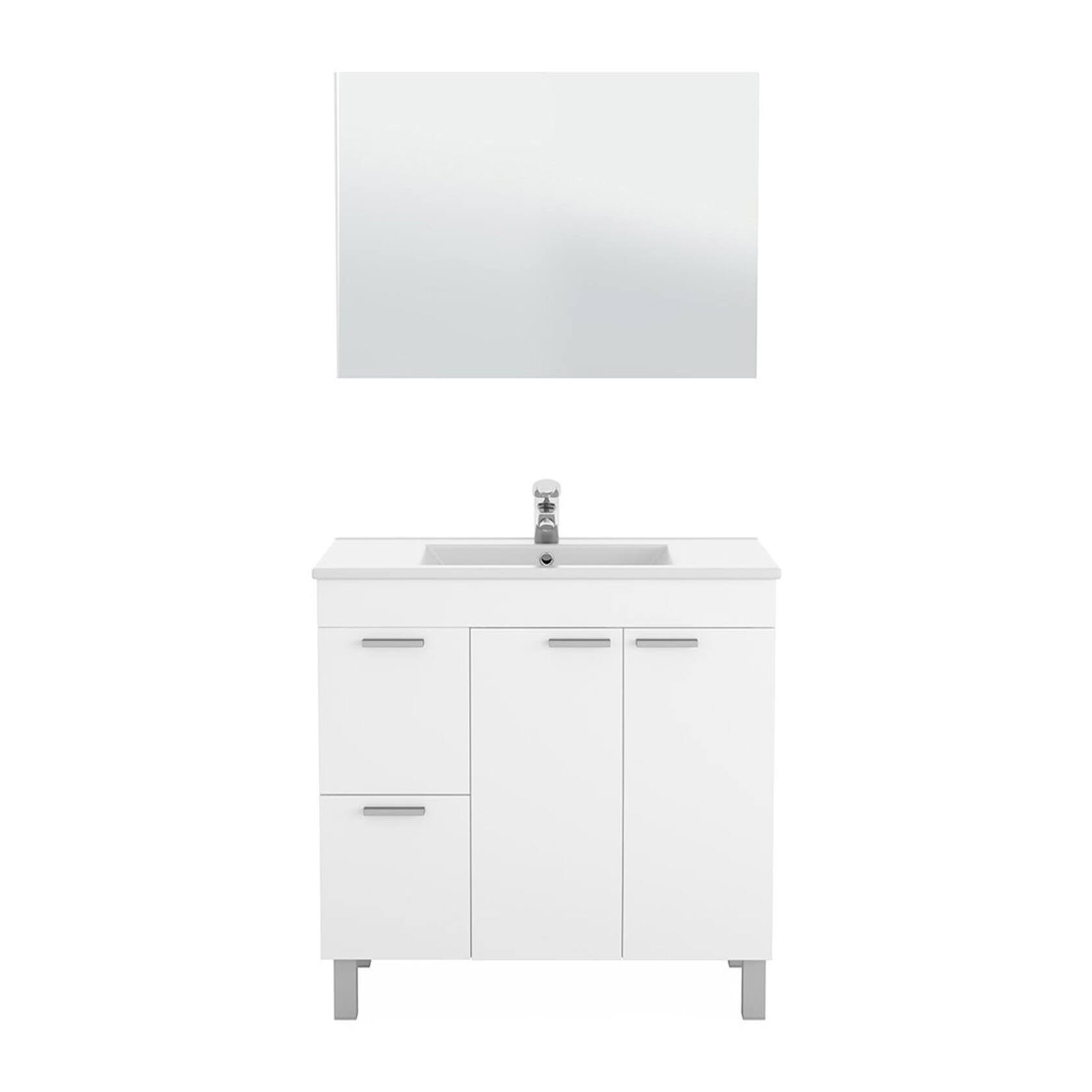 Mobile sottolavabo Lakewood, Mobiletto per bagno, Armadio a 2 ante e due cassetti con specchio, lavabo non incluso, cm 80x45h80, Bianco lucido