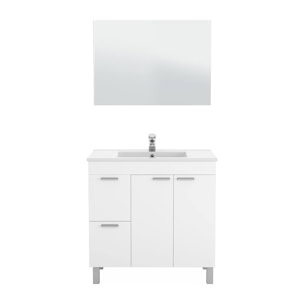 Mobile sottolavabo Lakewood, Mobiletto per bagno, Armadio a 2 ante e due cassetti con specchio, lavabo non incluso, cm 80x45h80, Bianco lucido