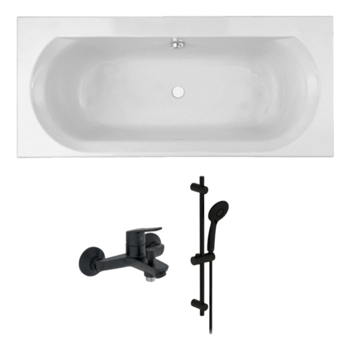 Pack baignoire droite 170 x 75 Elise + pack pommeau et mitigeur bain douche noir mat Aimé + vidage