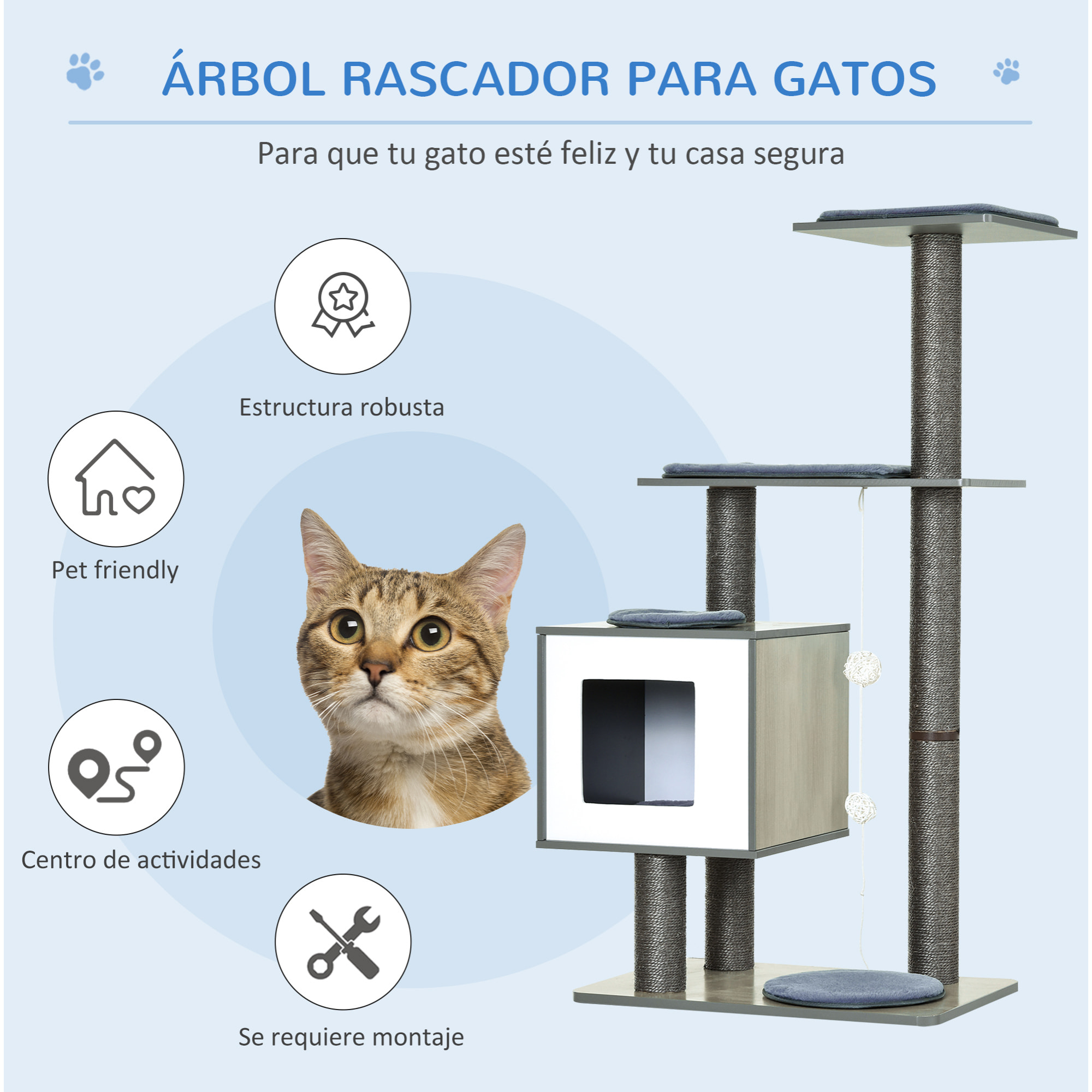 Árbol Rascador para Gatos de Madera 71,5x49,5x120 cm Torre de Gato con Cueva Plataformas Postes Rascadores de Sisal Cojines de Felpa Suave y Bolas Colgantes Gris