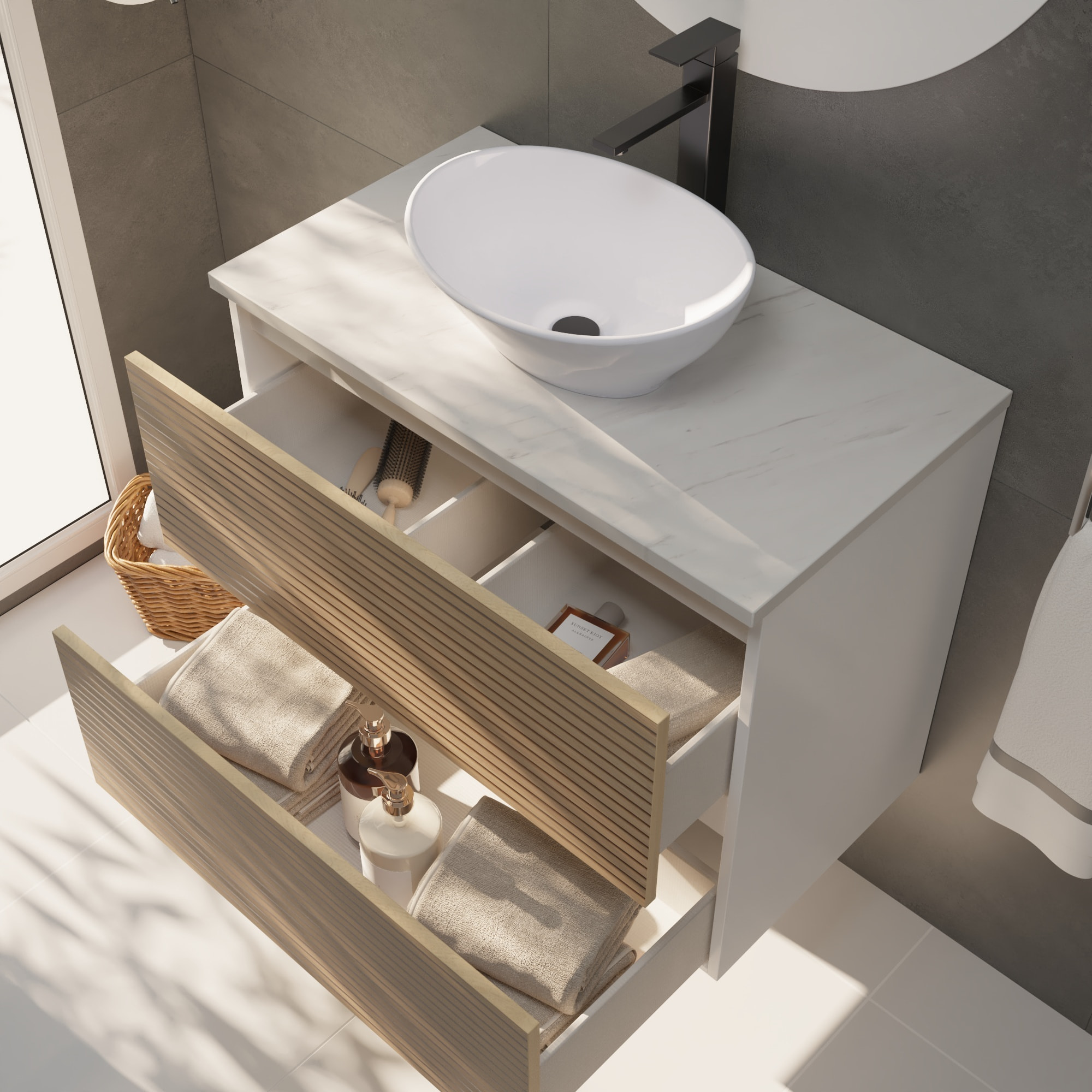 Conjunto de Baño Yinu | 80 cm Blanco - Solomon | Dos Cajones | Lavabo sobre Encimera | No incluye Espejo | Alday