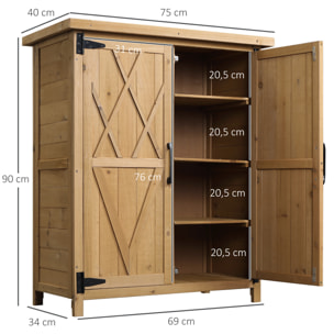 Abri de jardin armoire de jardin remise pour outils sur pied dim. 75L x 40l x 90H cm 3 étagères 2 portes toit tôle bois sapin pré-huilé