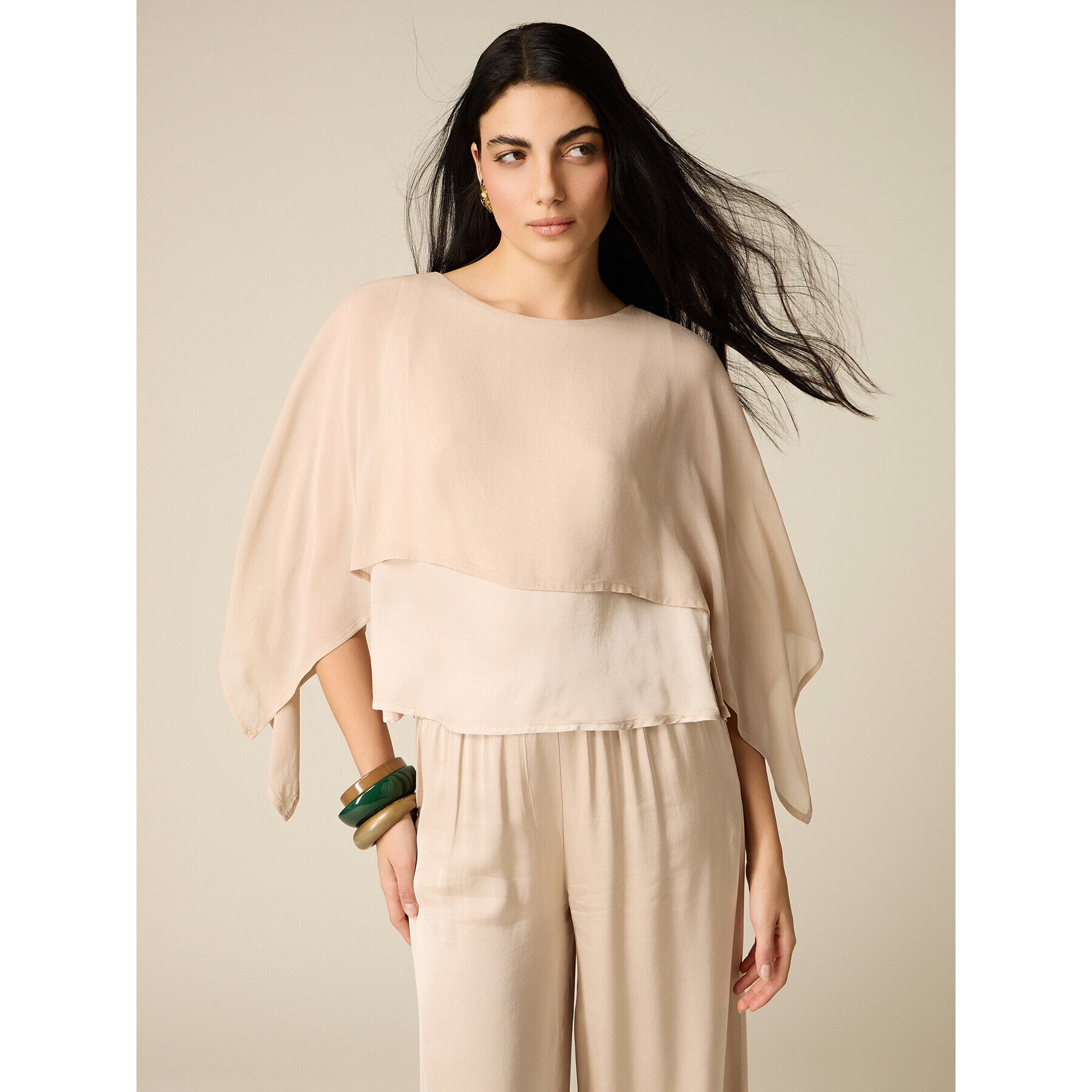 Oltre - Blusa bimaterica con sovrapposizione - Beige