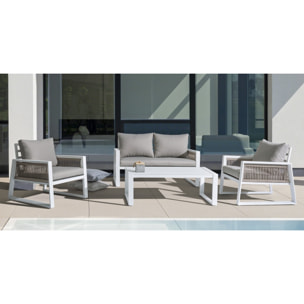 Set salotto CAPTIVA con 1 divano, 2 poltrone e 1 tavolino in alluminio bianco textilene tortora
