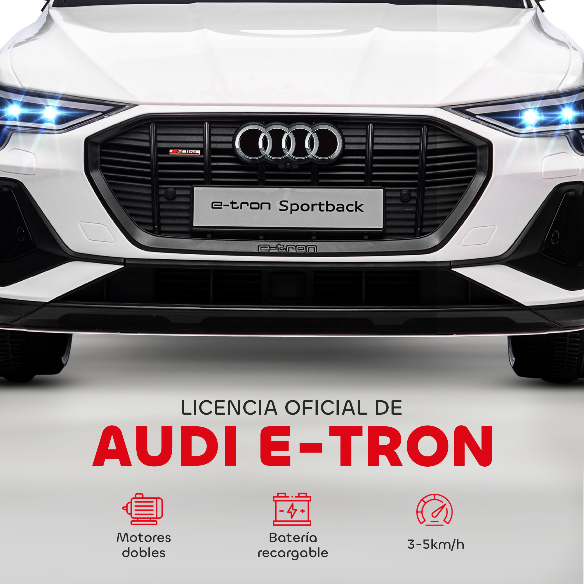 Coche Eléctrico para Niños de +3 Años Audi E-tron, Coche de Batería 12V con Mando a Distancia, Faros LED, Bocina, Música, USB, Apertura de Puerta y Velocidad 3-5 km/h, Blanco