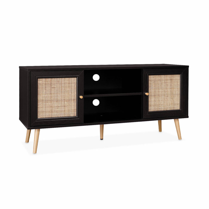 Meuble TV en cannage 120x39x56.5cm -  Bohème - Noir. 2 niveaux. 2 étagères. 2 portes. pieds scandinaves