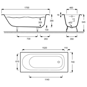 Baignoire droite 170 x 70 Soissons en fonte + pare bain