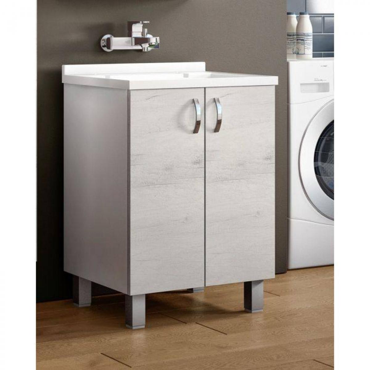 Lavatoio da bagno a due ante battenti con asse in legno, Mobile lavatoio con lavello, Made in Italy, cm 60x50h85, colore Bianco e Olmo